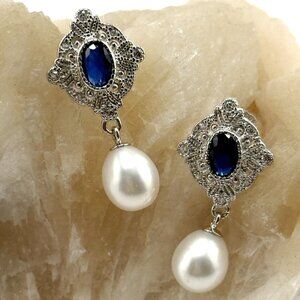 Ornate sterling silver earrings, CZs and natural dangling freshwater pearl NWOT
